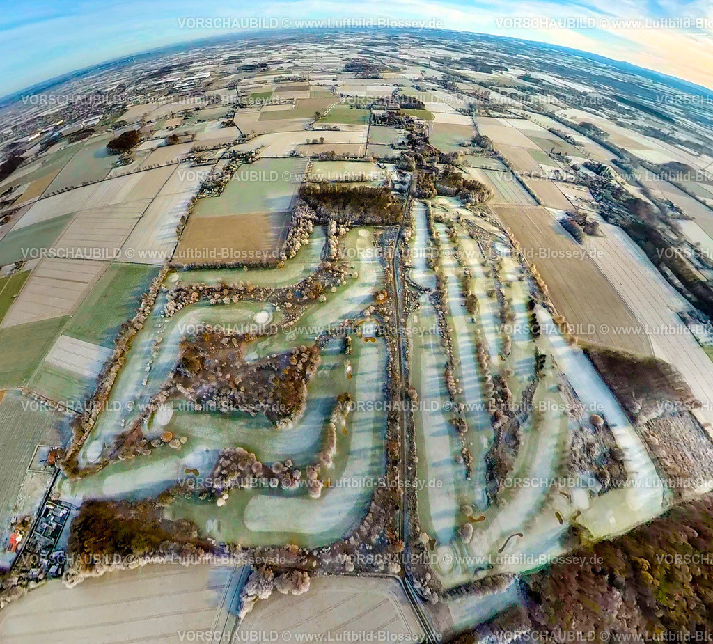 Hamm221290022GolfplatzDrechen-2 | Luftbild von Hamm im Schnee, winterlicher Golfplatz Gut Drechen, fisheye, Fisheye Aufnahme, Fischaugen Aufnahme, 360 Grad Aufnahme, Uentrop, Hamm, Ruhrgebiet, Nordrhein-Westfalen, Deutschland