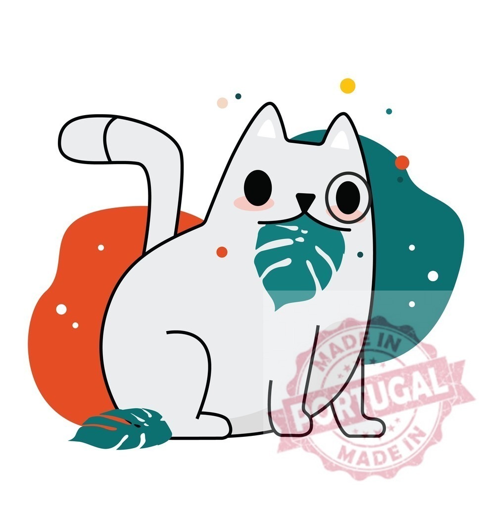 White cat holding monstera leaf with cute expression. T-Shirt design | White cat cartoon character holding a tropical monstera leaf in its mouth - Realized with Pictrs.com