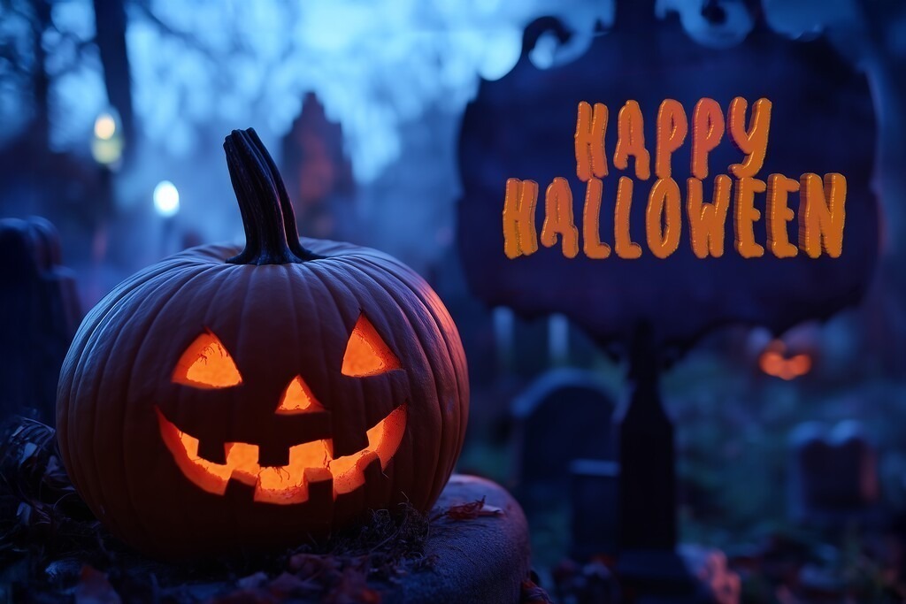 Halloweengrüße: Halloween auf einem Friedhof mit Text HAPPY HALLOWEEN  | Halloweengrüße: Halloween auf einem Friedhof mit Text HAPPY HALLOWEEN  - Realisiert mit Pictrs.com