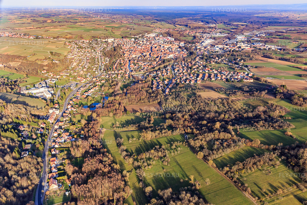 Vue aérienne: Vue d'ensemble de la ville depuis l'ouest à Wissembourg dans le département Bas Rhin, France – .Photo: IMG_104937.jpg prise le 21/03/2018 par Werner Riehm/FLY-FOTO.eu – Résolution de l'original: 4868 x 3245 px