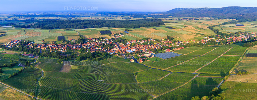 Aerial view: Village panorama from the northeast in Steinseltz in the state Bas-Rhin, France. – Photo: IMG_100663-Pano-2.jpg taken on 06/02/2017 by Werner Riehm/FLY-FOTO.com – Resolution of the original: 7784 x 3045 px