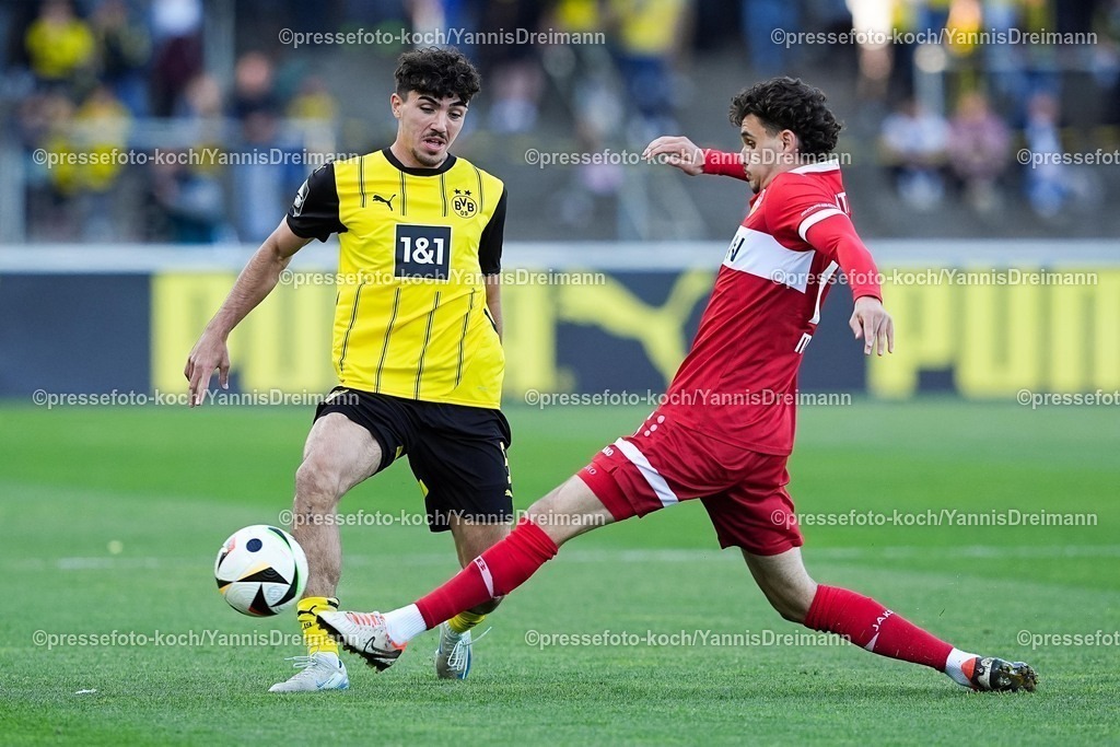 xYDR09052501015 | 09.05.2025, xydrx, Fußball, Borussia Dortmund II - VFB Stuttgart II, 3.Liga, Stadion Rote Erde, Saison 2024 2025: Antonio Foti (Borussia Dortmund II #5) im Zweikampf gegen Leny Meyer (VFB Stuttgart II #16) DFB regulations prohibit any use of photographs as image sequences and or quasi-video.