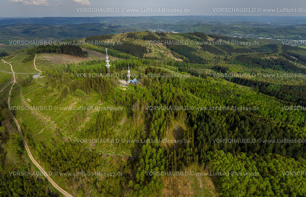 Kreuztal240502482Grubenfeld-Littfeld-Kindelsberg | Luftbild, Kindelsbergturm und Neuer Sendeturm Sendemasten, Waldgebiet mit Waldschäden, Grubenfeld Grubengelände Littfeld Kindelsberg, Fernsicht Hügel und Täler, Littfeld, Kreuztal, Nordrhein-Westfalen, Deutschland
