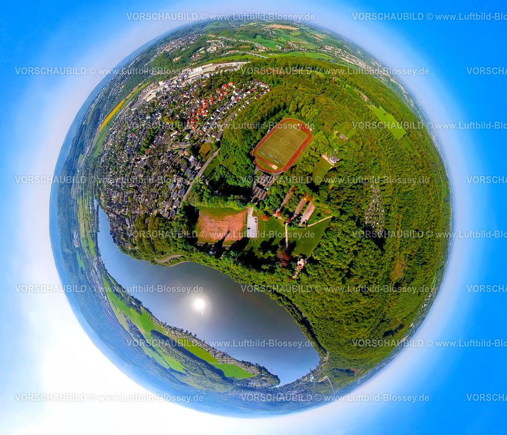 Wetter240590198Harkortberg | Luftbild, Harkortsee, Harkortberg mit Harkortbergstadion Fußballstadion des FC Wetter 1910/30, Harkortturm Schatten, Ardeywald, Erdkugel, Fisheye Aufnahme, Fischaugen Aufnahme, 360 Grad Aufnahme, tiny world, little planet, fisheye Bild, , Wetter, Ruhrgebiet, Nordrhein-Westfalen, Deutschland
