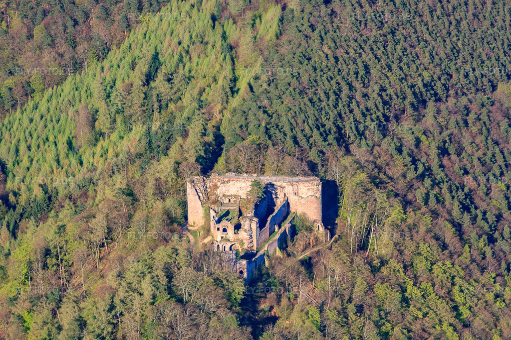 Luftbild: Burgruine Neuscharfeneck in Flemlingen im Bundesland Rheinland-Pfalz in Deutschland. Foto: IMG_56636.jpg vom 25.04.2013 durch Werner Riehm/FLY-FOTO.de