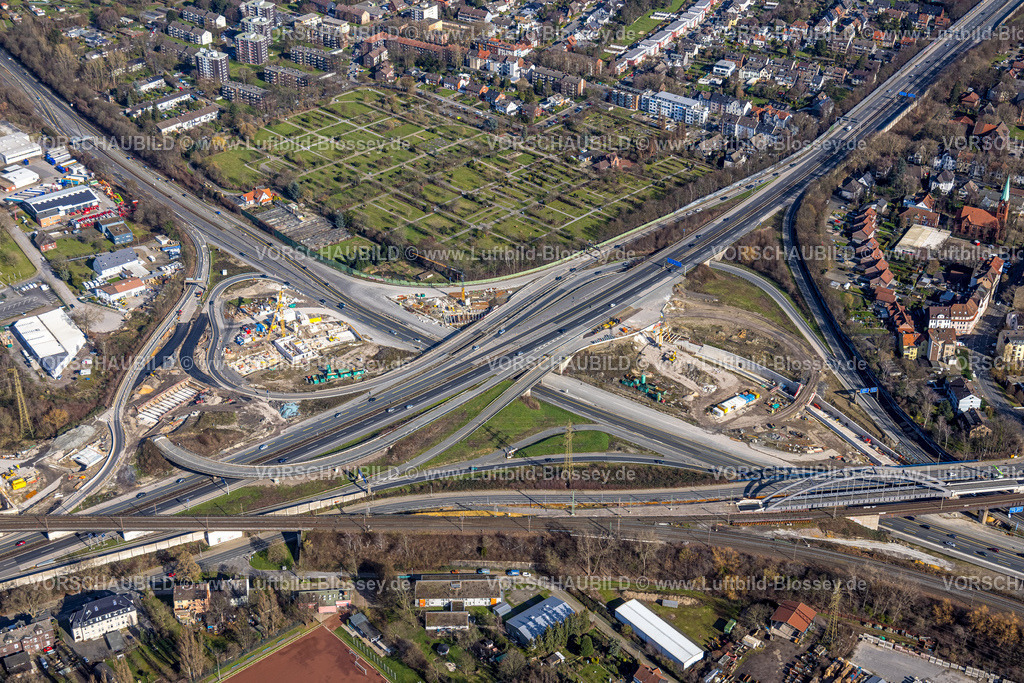 Herne230211868 | Luftbild, Großbaustelle Autobahnkreuz Herne der Autobahn A42 und Autobahn A43, mit Bau des Baukau-Tunnels, Baukau-West, Herne, Ruhrgebiet, Nordrhein-Westfalen, Deutschland
