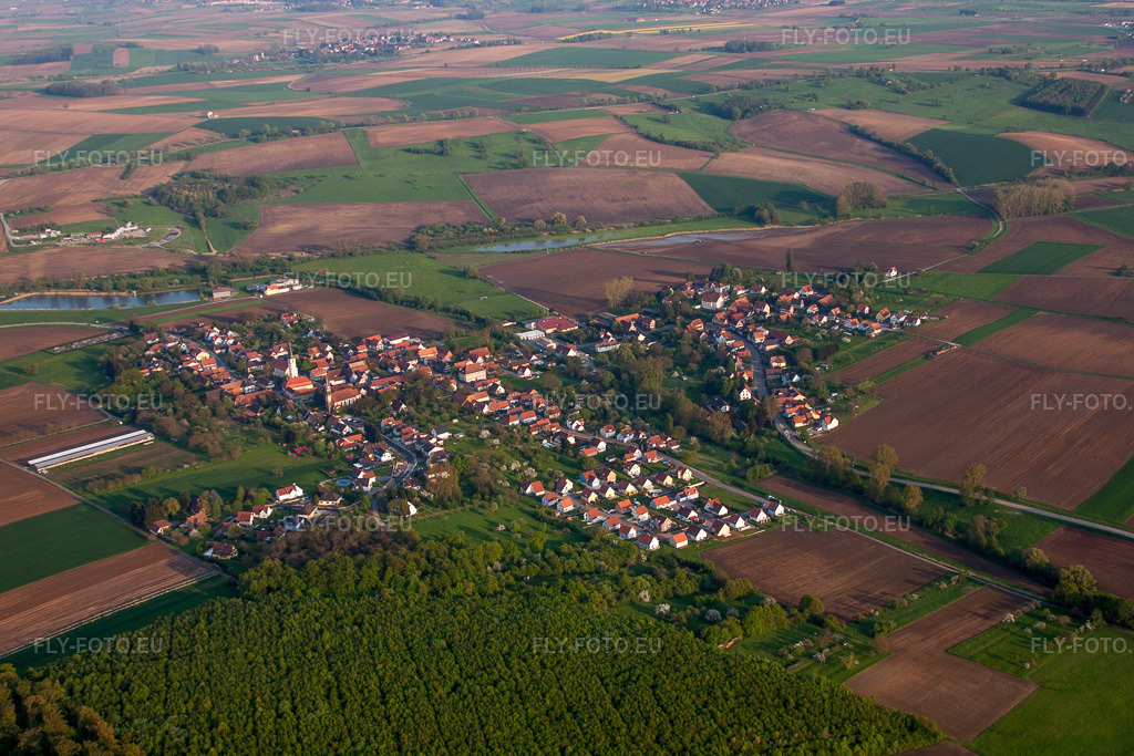 Vue aérienne: Champs agricoles et terres arables à Kutzenhausen dans le département Bas Rhin, France. Photo: IMG_56839.jpg prise le 05/05/2013 par Werner Riehm/FLY-FOTO.eu – Résolution de l'original: 4752 x 3168 px