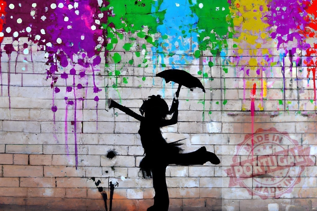 Girl silhouette with umbrella dancing under rainbow paint wall art. Banski Style | Cheerful girl silhouette dancing with an umbrella on a vibrant brick wall street art mural - Realisiert mit Pictrs.com
