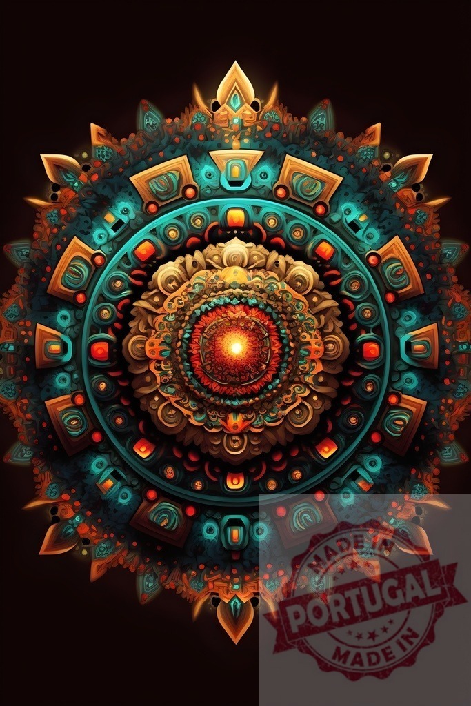 Ornate Aztec glowing mandala creating spiritual abstract design | Mandala with intricate teal and orange traditional patterns and a glowing center - Realized with Pictrs.com