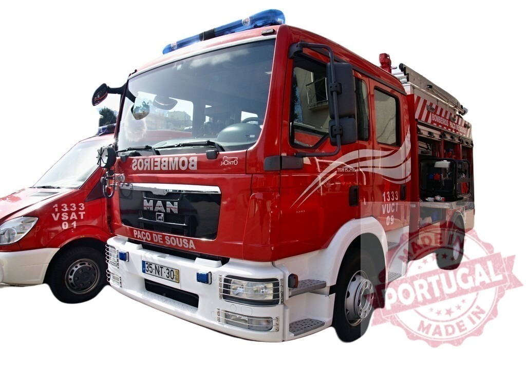 Red MAN fire truck ready for action with flashing blue lights | Modern red and white MAN fire engine parked with flashing emergency lights, ready for a fire emergency - Realized with Pictrs.com
