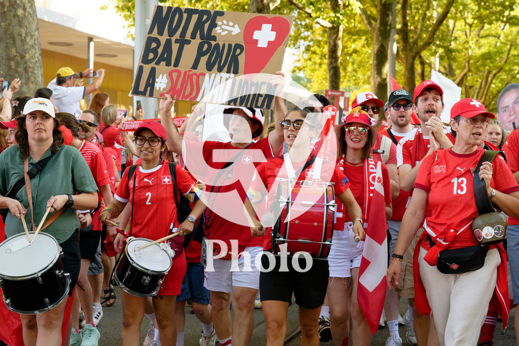 Spain v Switzerland - UEFA Women's EURO 2025 Quarter-Final | BERN, SWITZERLAND - JULY 18: Fans of Switzerland with flags /banner  during the UEFA Women's EURO 2025 Quarter-Final match between Spain v Switzerland at Stadion Wankdorf on July 18, 2025 in Bern, Switzerland. (Photo by Giuseppe Velletri/Sports Press Photo/Getty Images)