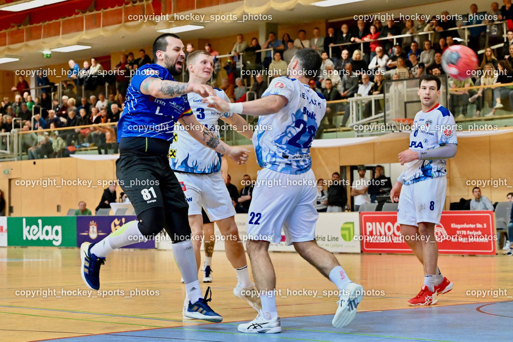 SC Ferlach vs. ALPLA HC Hard 2.3.2024 | #81 MILICEVIC Adrian SC Ferlach, #3 Antanavicius Karolis HC Hard, #22 BABIC Dejan HC Hard, #8 STEVANOVIC Nikola HC Hard, SC Ferlach vs. ALPLA HC Hard 2.3.2024, SC Ferlach vs. ALPLA HC Hard am 02.03.2024 in Ferlach (Ballspielhalle Ferlach), Austria, (Photo by Bernd Stefan)