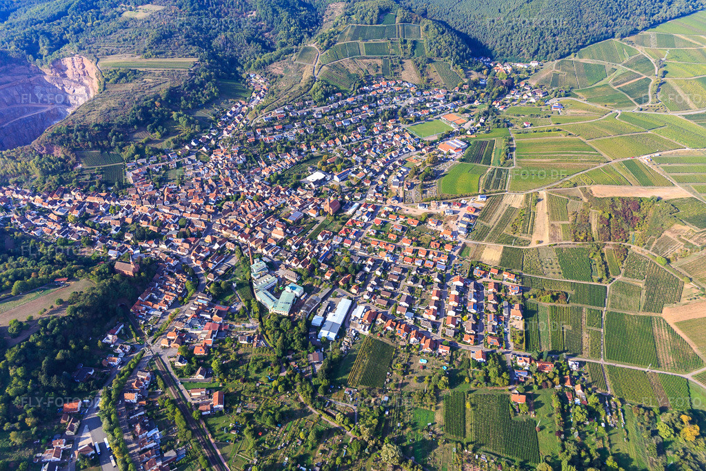 Luftbild: Winzerdorfübersicht im Queichtal zwischen Weinbergen aus Süden in Albersweiler im Bundesland Rheinland-Pfalz in Deutschland. Foto: IMG_111757.jpg vom 16.09.2018 durch Werner Riehm/FLY-FOTO.de