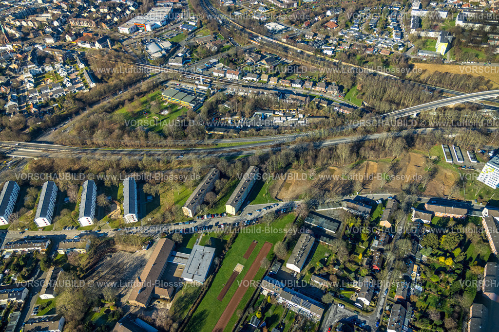 Muelheim230201071 | Luftbild, Wohnhäuser Reihenhäuser an der Eichbaumsiedlung, Filchnerstraße, Autobahn A40, Heißen - Süd, Mülheim an der Ruhr, Ruhrgebiet, Nordrhein-Westfalen, Deutschland