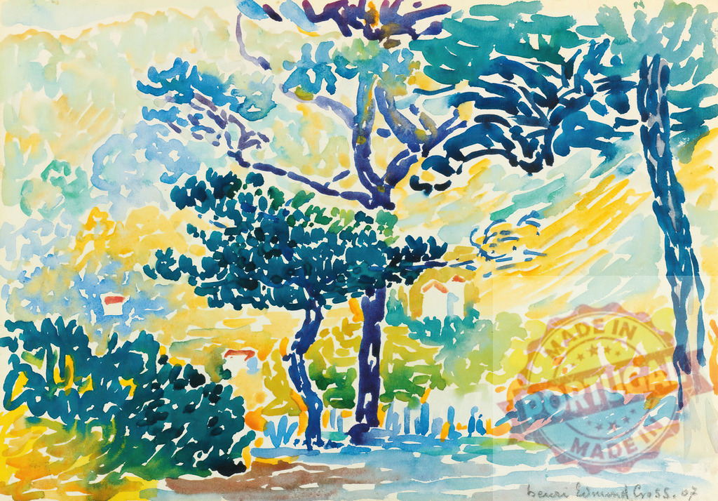 Henri-Edmond Cross watercolor painting of trees. Henri Edmund Cross | Vibrant watercolor painting depicting a sunlit landscape with trees, bushes, and distant houses - Realisiert mit Pictrs.com
