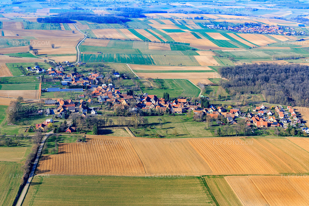 Aerial view: View of the town from the south in Geiswiller in the state Bas-Rhin, France. – Photo: IMG_097537.jpg taken on 03/16/2017 by Werner Riehm/FLY-FOTO.com – Resolution of the original: 5472 x 3648 px