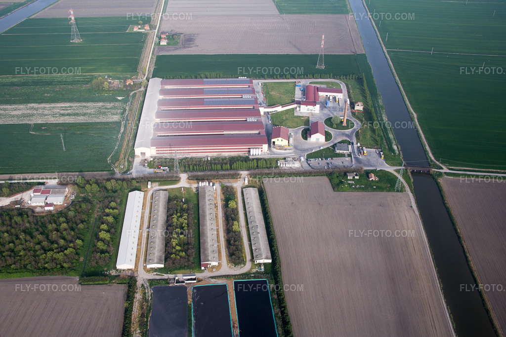 Aerial view: Animal breeding facilities - pig breeding for pork production combined with fish farming ponds in Emilia-Romagna in Codigoro in the state Ferrara, Italy.Photo: IMG_087326.jpg taken on 04/05/2016 by Werner Riehm/FLY-FOTO.comResolution of the original: 5161 x 3441 px