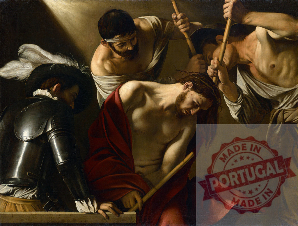 Art by Carravagio Jesus Christ receiving the crowning with thorns by soldiers | Jesus Christ suffering while soldiers mock and press a crown of thorns onto his head - Realisiert mit Pictrs.com