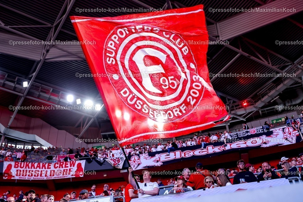 F9524042601068 | 24.04.2026, Fußball, Fortuna Düsseldorf - SC Dynamo Dresden, 2. Fußball Bundesliga, Herren, Merkur Spiel-Arena, 31. Spieltag, Saison 2025 2026: Fahne Logo Emblem Vereinslogo Flagge im Gästeblock der Tribüne  DFB regulations prohibit any use of photographs as image sequences and or quasi-video.