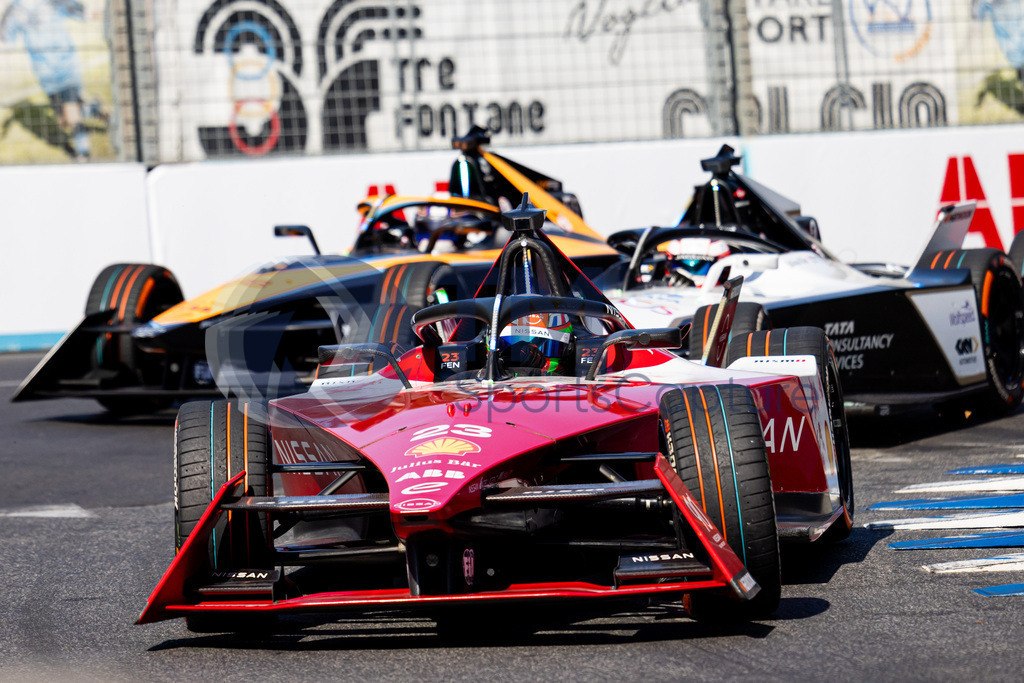 Trainproduction-20230715-0047 | ROME, ITALY,15.Jul.23 - MOTORSPORTS, FORMULA E - Hankook Rome E-Prix, Circuito Cittadino dell-EUR. Image shows Sacha Fenestraz (FRA / Nissan), Mitch Evans (NZL / Jaguar) and Rene Rast (GER / Mclaren).    Photo: Trainproduction / Matthias Trinkl