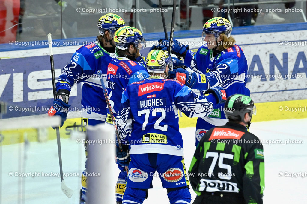 EC IDM WÄRMEPUMPEN VSV vs. EC KAC | Jubel EC VSV Mannschaft, #16 HANCOCK Kevin EC VSV, #22 SCHERBAK Nikita EC VSV, #72 HUGHES John EC VSV, EC IDM WÄRMEPUMPEN VSV vs. EC KAC, EC IDM WÄRMEPUMPEN VSV vs. EC KAC am 02.02.2025 in Villach (Stadthalle Villach), Austria, (Photo by Bernd Stefan)