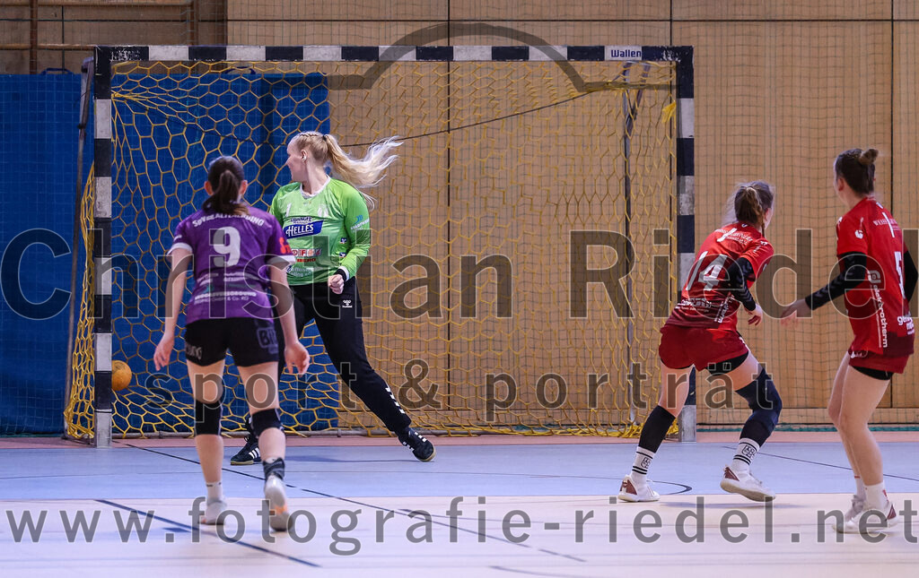 2025-02-22_022_SpVgg_Altenerding_gegen_TG_Landshut | Erding, Deutschland, 22.02.2025:Handball, Bezirksoberliga Frauen Altbayern 2024 / 2024, 15. Spieltag, SpVgg Altenerding gegen TG Landshut, Endergebnis: 25:22Julia Kranich (SpVgg Altenerding, #9), Torfrau Hanna Obermair (SpVgg Altenerding, #1), Isabella Gschossmann (TG Landshut, #14), Julia Otto (TG Landshut, #5)Foto: Christian Riedel / fotografie-riedel.net