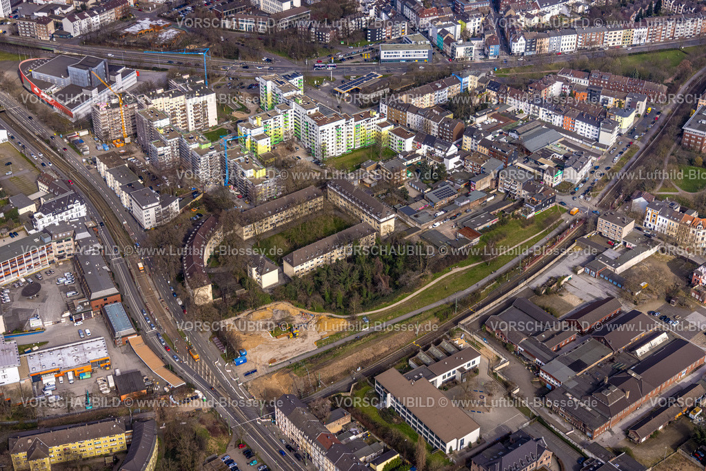 Duisburg240303777 | Luftbild, Spielplatz Platanenhof mit Baustelle Spielplatz, Wohngebiet mit Hochhäusern, Theater am Marientor, Dellviertel, Duisburg, Ruhrgebiet, Nordrhein-Westfalen, Deutschland, Duisburg-S