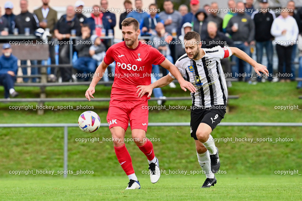 SVG Bleiburg vs. SAK 23.9.2023 | #22 Leo Ejup SAK, #9 Adnan Besic (K) SVG Bleiburg, SVG Bleiburg vs. SAK 23.9.2023, SVG Bleiburg vs. SAK am 23.09.2023 in Bleiburg (Karl Kornberger Stadion), Austria, (Photo by Bernd Stefan)