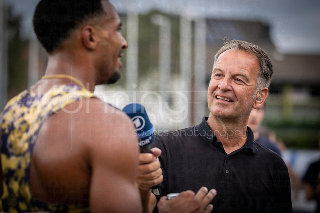 Multisport Event; Ratingen, 28.06.2026 | RATINGEN, GERMANY - JUNE 28, 2026 : ARD Claus Lumen interviews Leo Neugebauer (GER / Germany)  competing during the Multisport Event at Stadion Ratingen on June 28, 2026 in Ratingen, Germany.
