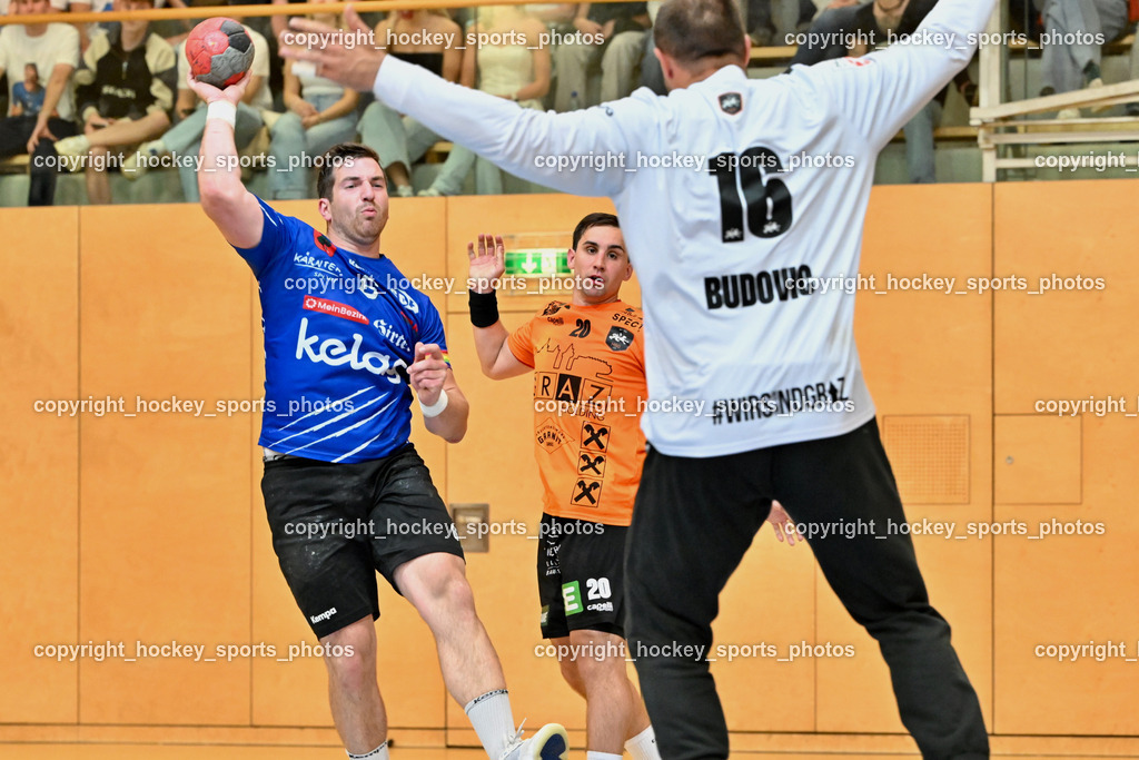 SC Ferlach vs. HSG Holding Graz | #16 BUDOVIC Jovo HSG Graz, #6 Nosan Blaz SC Ferlach, #20 SCHERR Thomas HSG Graz, SC Ferlach vs. HSG Holding Graz, SC Ferlach vs. HSG Holding Graz am 24.05.2025 in Ferlach (Ballspielhalle Ferlach), Austria, (Photo by Bernd Stefan)