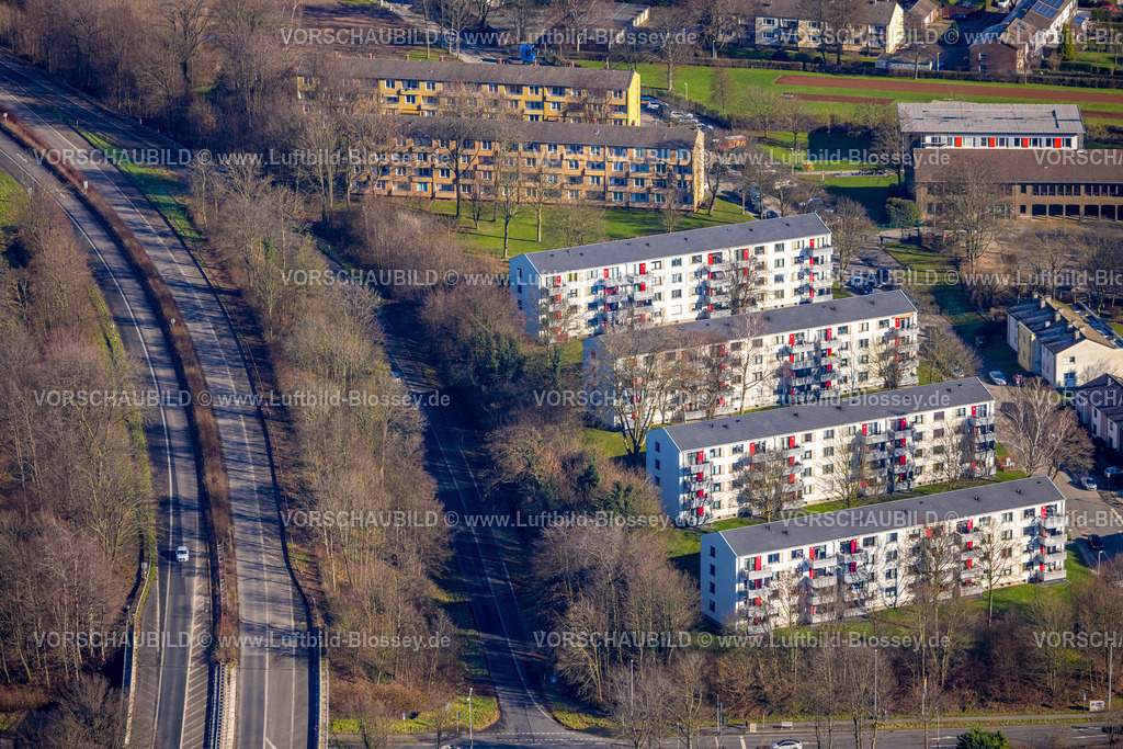 Muelheim230201066 | Luftbild, Wohnhäuser Reihenhäuser an der Eichbaumsiedlung, Filchnerstraße, Autobahn A40, Heißen - Süd, Mülheim an der Ruhr, Ruhrgebiet, Nordrhein-Westfalen, Deutschland
