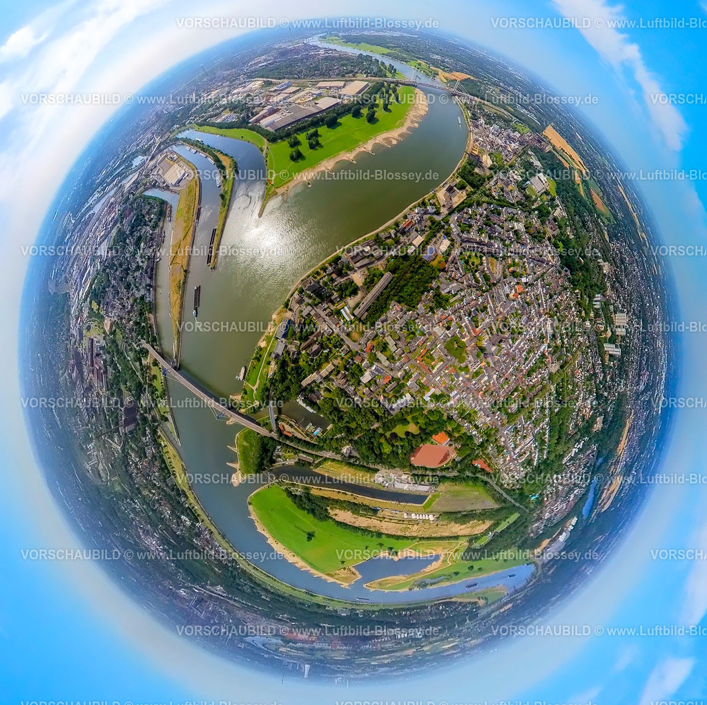 Duisburg230790213_Homberg-2 | Luftbild, Ruhrmündung in den Fluss Rhein am Duisburger Hafen, Rheinorange Sehenswürdigkeit, Friedrich-Ebert-Brücke, Erdkugel, Fisheye Aufnahme, Fischaugen Aufnahme, 360 Grad Aufnahme, tiny world, Kaßlerfeld, Duisburg, Ruhrgebiet, Nordrhein-Westfalen, Deutschland