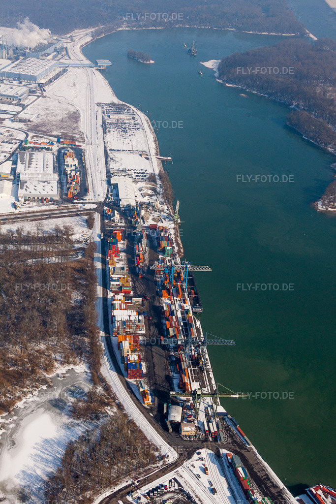 Luftbild: Winterlich schneebedeckte Containerterminal im Containerhafen der Contargo Wörth-Karlsruhe GmbH am Rhein im Ortsteil Industriegebiet Wörth-Oberwald in Wörth am Rhein im Bundesland Rheinland-Pfalz in Deutschland. Foto: IMG_24108.jpg vom 16.02.2010 durch Werner Riehm/FLY-FOTO.de