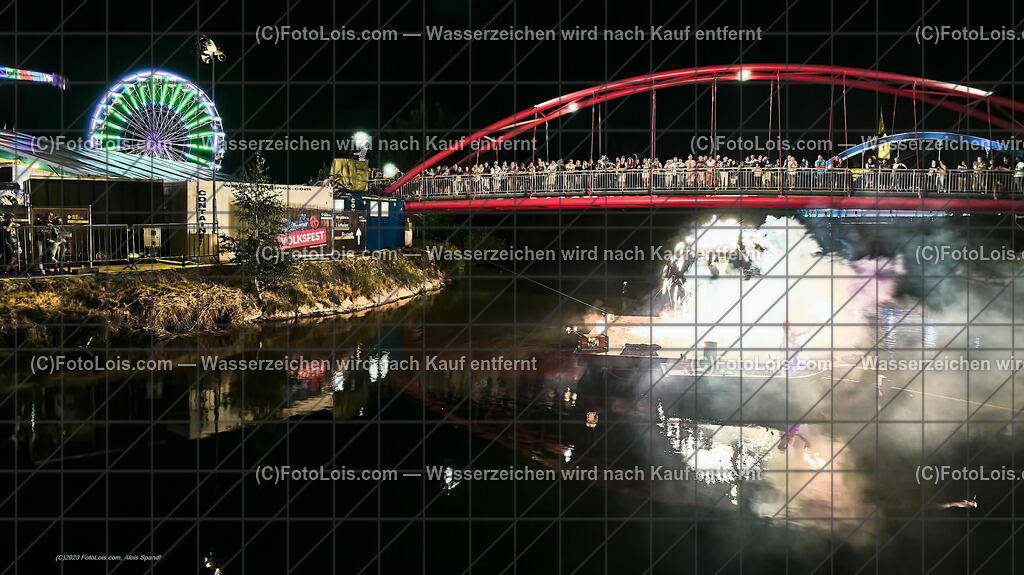 0586_Luftbild_VOLKSFEST-Wlbg_InselFeuer-Show | (C)FotoLois.com, Alois Spandl, Luftbild, Wieselburger VOLKSFEST neu, Feuershow auf der Erlaufinsel unter den Brücken, Do 29. Juni 2023.