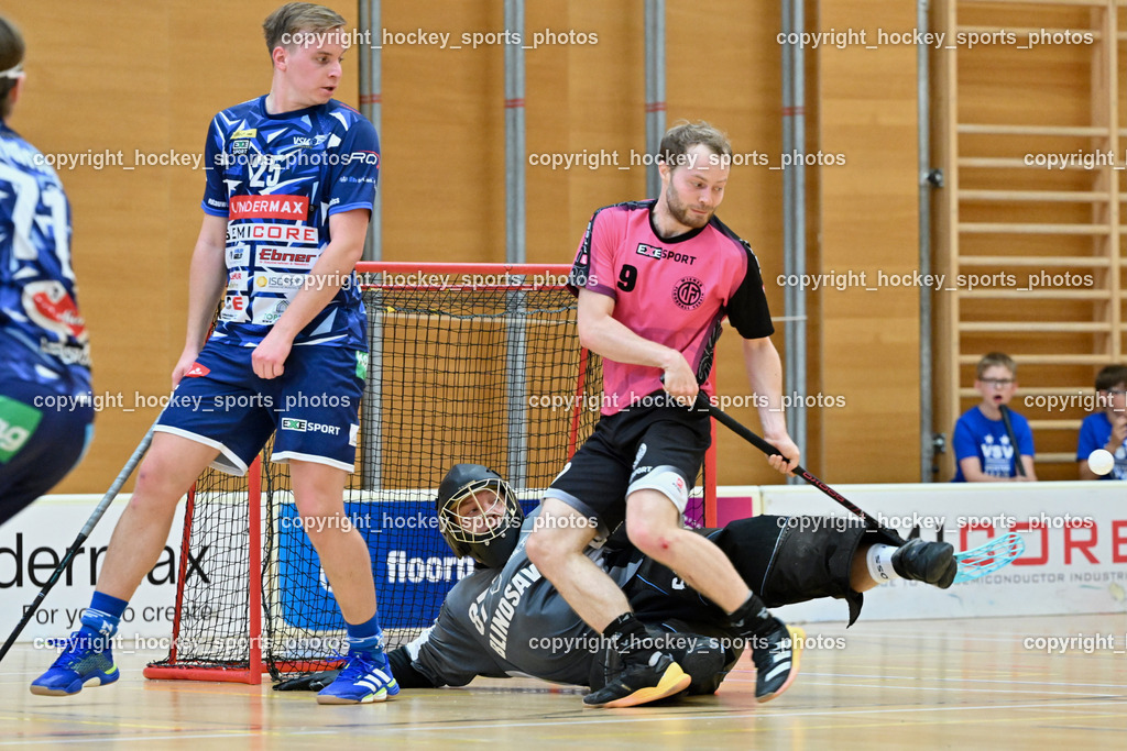 VSV Unihockey vs. Wiener Floorball Verein | #71 Leon Widnig VSV Unihockey, #25 Jan Blazic VSV Unihockey, #87 Timmo Taurer VSV Unihockey, #9 ZEHETNER Laurin Wiener Floorballverein, VSV Unihockey vs. Wiener Floorball Verein, VSV Unihockey vs. Wiener Floorball Verein am 18.05.2025 in Villach (Ballspielhalle St. Martin), Austria, (Photo by Bernd Stefan)