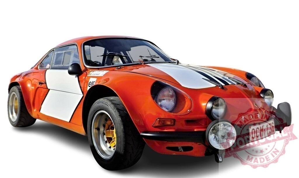 Alpine A110 berlinette 1600s group 4 rally car posing in studio | Orange and white Alpine A110 berlinette 1600s group 4 rally car posing in a studio with white background - Realized with Pictrs.com