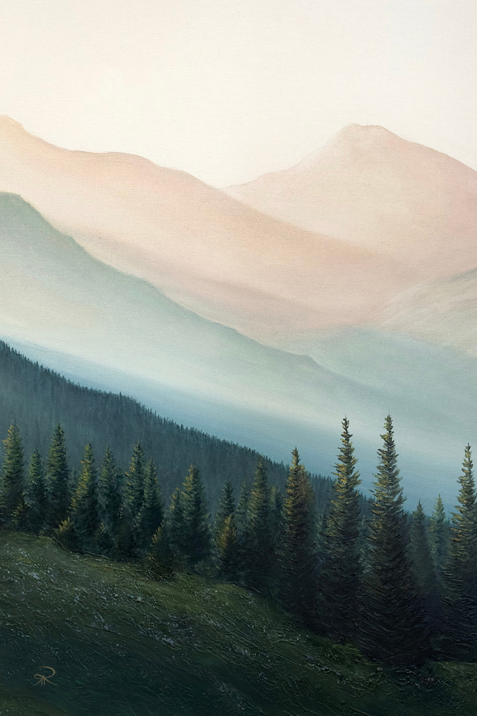 Morgenstille in den Bergen | Bei diesem Bild möchte ich direkt loswandern. Ich liebe es, einen solchen Blick in die Natur zu werfen – der mich beruhigt, mir Kraft gibt und einfach das Gefühl von Freiheit schenkt. Dieses Werk soll genau das vermitteln: die unaufgeregte Schönheit der Berge, die Magie eines stillen Morgens und den Moment, in dem man tief durchatmet und alles hinter sich lässt.