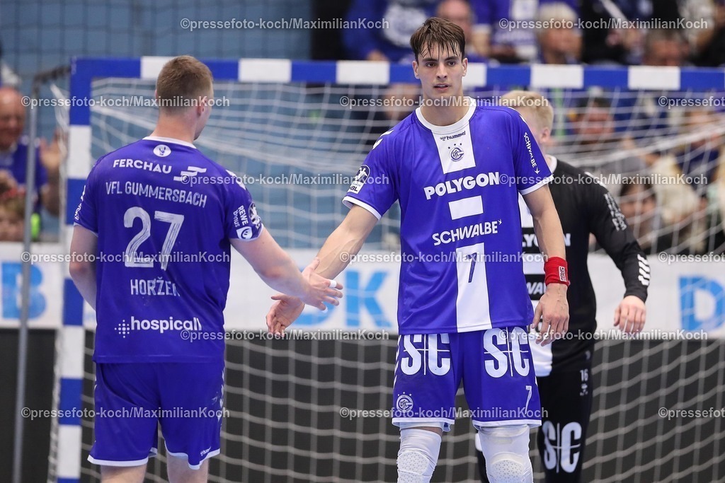 Gum25042501054 | 25.04.2025, Handball, HBL, VfL Gummersbach - 1. VfL Potsdam, Schwalbe-Arena: Kristjan Horzen (GUM #27) Julian Köster (GUM #7) 