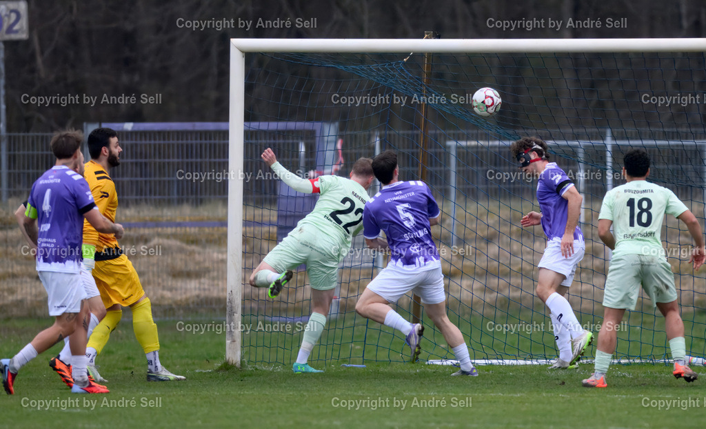 VfR Neumünster (lila) vs PSV Neumünster (grün) | Kenny Korup (VfR #4) &amp; Christopher Newe (VfR #25) &amp; Tom Schilling (VfR #5) &amp; Jan Lippegaus (VfR #3) vs Timo Barendt (PSV #22 köpft hier in der 56. Minute das 1-2) &amp; Mohamed Bouzoumita (PSV #18) / Fußball-Oberliga Männer 2025/2026 / VfR Neumünster (lila) vs PSV Neumünster (grün) / Grümmi-Arena / Neumünster / 15.04.26 - Realisiert mit Pictrs.com