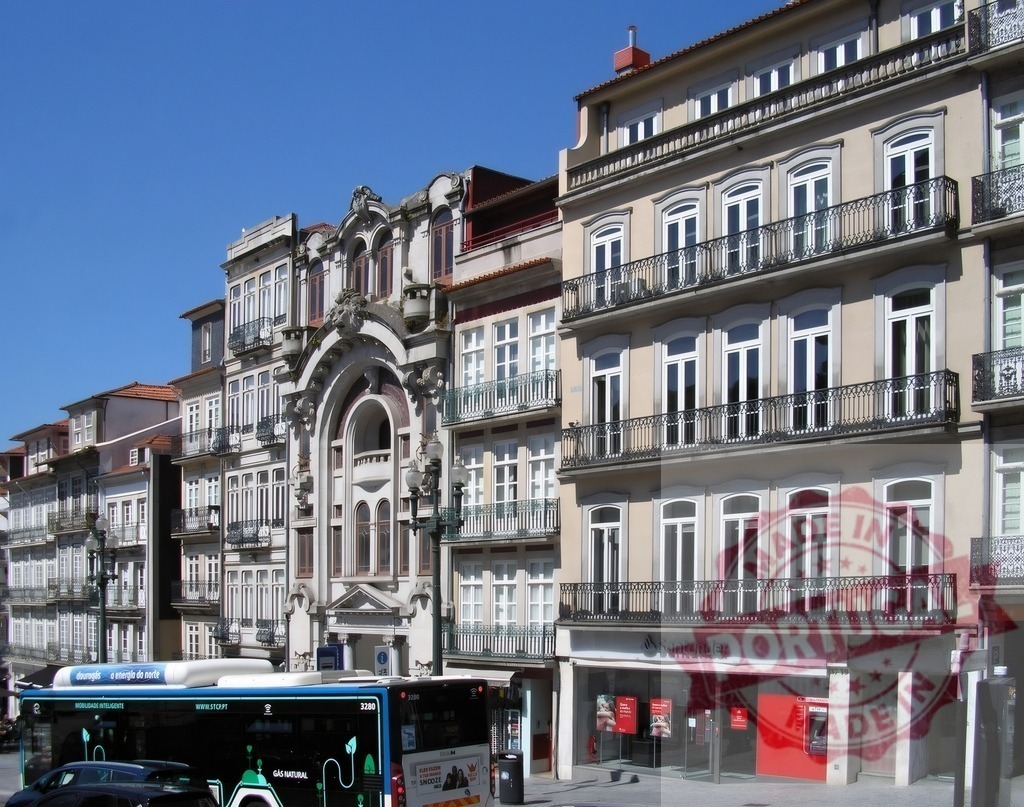 Porto street view with buildings architecture and Santander bank | Buildings lining a street in Porto with a bus and Santander bank on a sunny day - Realisiert mit Pictrs.com