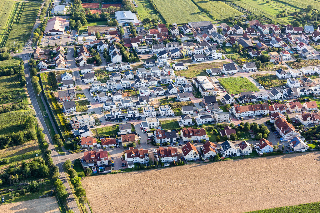 Luftbild: Neubaugebiet Staufer/Habsburgerstr im Ortsteil Heiligenstein in Römerberg im Bundesland Rheinland-Pfalz in Deutschland. Foto: IMG_116781.jpg vom 14.08.2019 durch Werner Riehm/FLY-FOTO.de