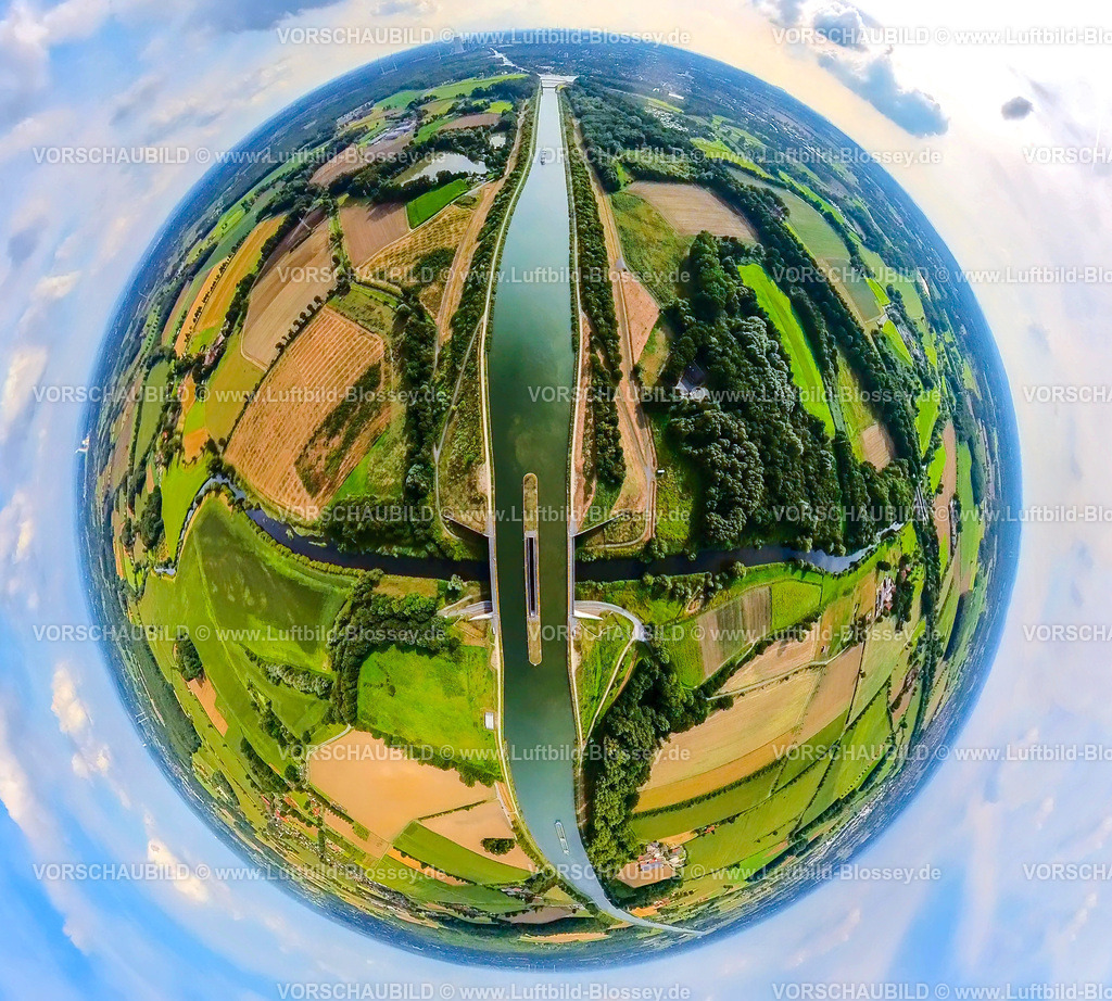 Datteln240890012Lippe_Dortmund-Ems-Kanal | Luftbild, Kanalbrücke Lippe Neue Fahrt, Dortmund-Ems-Kanal überquert den Fluss Lippe, Naturschutzgebiet NSG Lippeaue, Erdkugel, Fisheye Aufnahme, Fischaugen Aufnahme, 360 Grad Aufnahme, tiny world, little planet, fisheye Bild, Datteln, Olfen-Kirchspiel, Olfen, Ruhrgebiet, Nordrhein-Westfalen, Deutschland