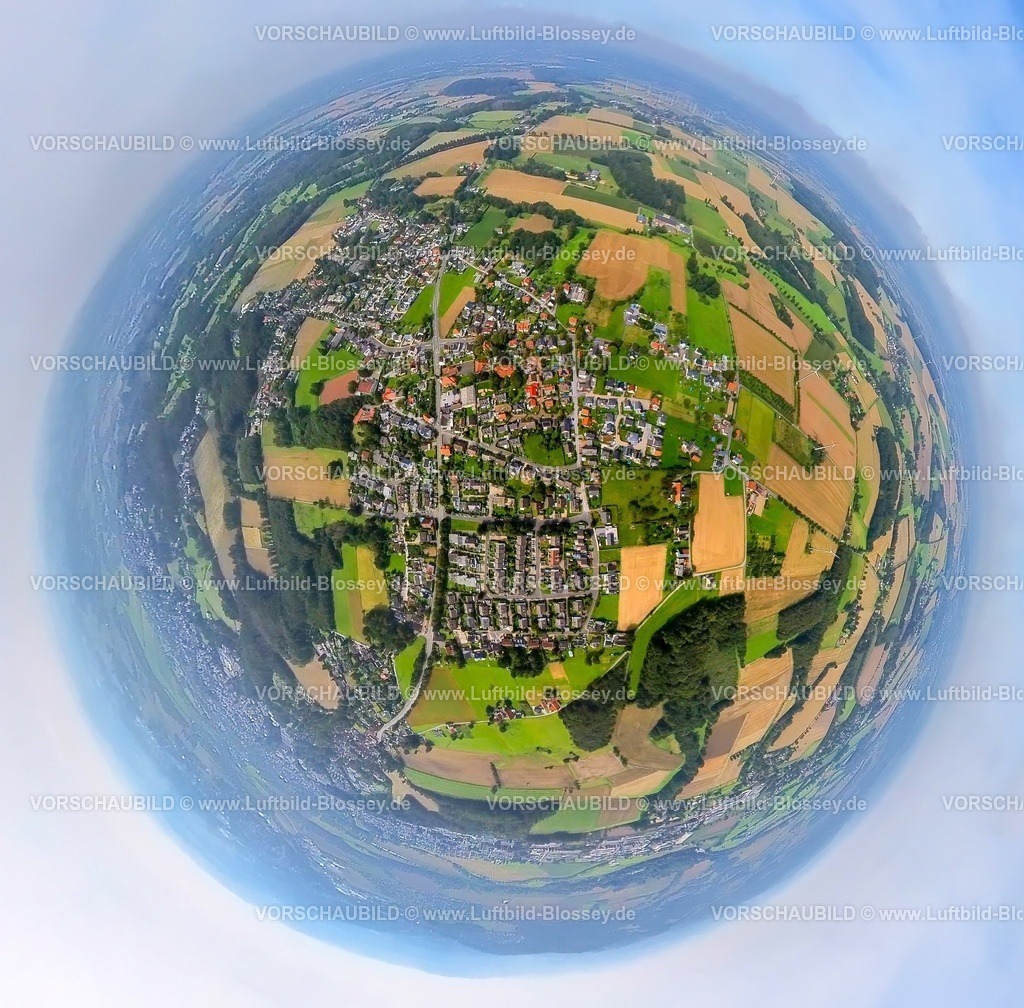 Froendenberg230990112 Hohenheide | Luftbild, Ortsansicht Ortsteil Hohenheide, umgeben von Wiesen und Feldern, Erdkugel, Fisheye Aufnahme, Fischaugen Aufnahme, 360 Grad Aufnahme, tiny world, Hohenheide, Fröndenberg, Ruhrgebiet, Nordrhein-Westfalen, Deutschland
