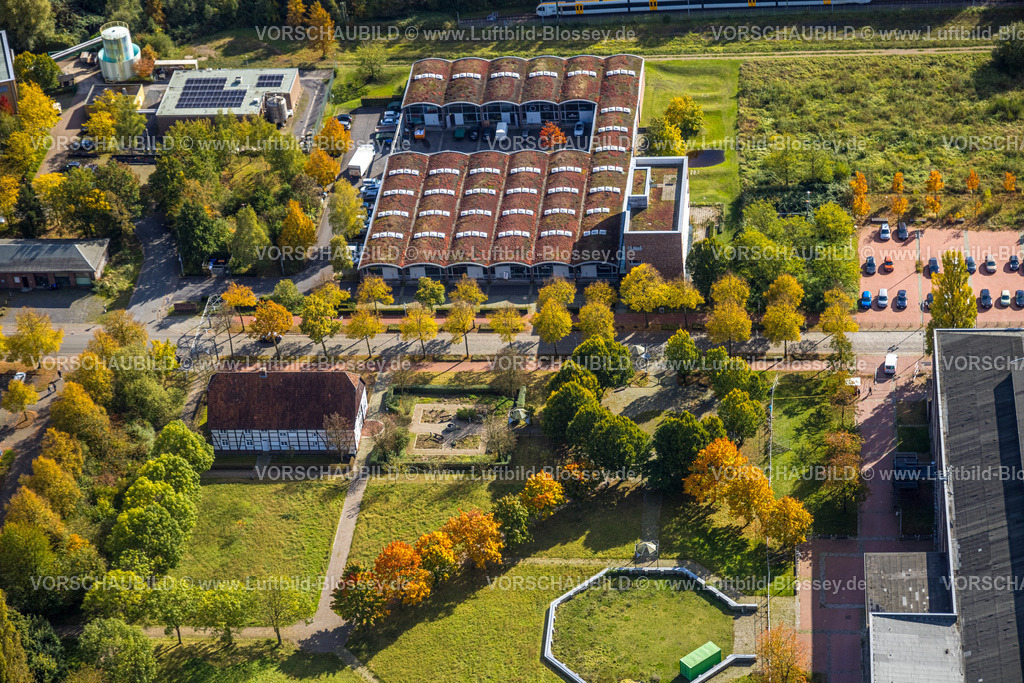 Hamm241008618 | Luftbild, ehemalige Zeche Sachsen Schachtanlage 1/2/5, Wiesenfläche und Öko-Zentrum NRW Fachwerkhaus, herbstliche Bäume, Sachsenweg, Stadtbezirk Heessen, Hamm, Ruhrgebiet, Nordrhein-Westfalen, Deutschland