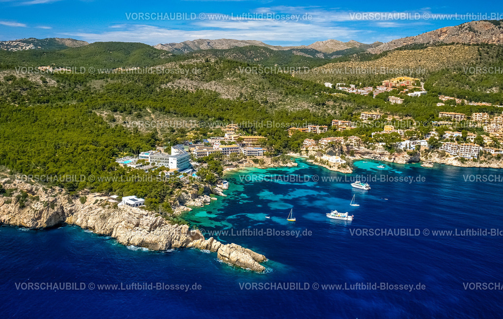 Mallorca230400161CalaFornells | Luftbild, Hotels und Ferienhäuser am Strand, Camp de Mar, blaues Meer, Gebirge, Andratx, Balearen, Mallorca, Balearische Inseln, Spanien