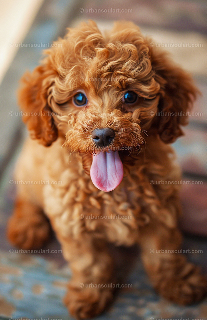 Brown Poodle Puppy | A delightful portrait of a curly brown poodle puppy with a sweet expression and joyful demeanor. Perfect for fans of poodles, this piece brings energy and happiness to any room. - Realisiert mit Pictrs.com