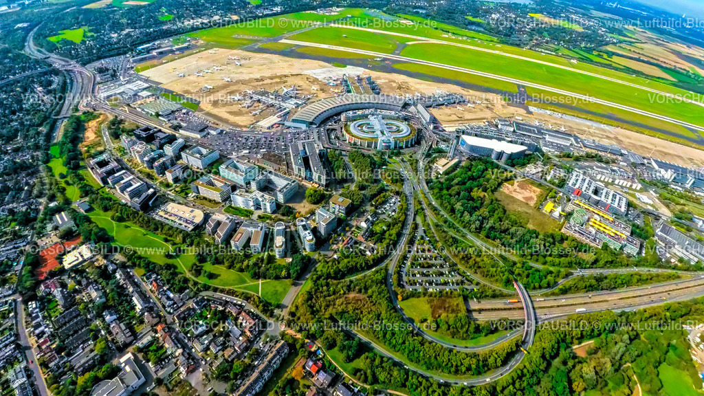 Duesseldorf250903790(1) | Luftbild, DUS Airport Flughafen Düsseldorf mit Empfangsgebäude und Gewerbegebiet DUS Airport-City, Erdkugel, Fisheye Aufnahme, Fischaugen Aufnahme, 360 Grad Aufnahme, tiny world, little planet, fisheye Bild, Unterrath, Düsseldorf, Ruhrgebiet, Nordrhein-Westfalen, Deutschland