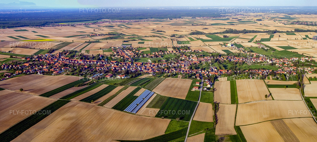 Aerial view: Village panorama from the west in the evening in Seebach in the state Bas-Rhin, France.Photo: IMG_10620-Pano.jpg taken on 05/04/2008 by Werner Riehm/FLY-FOTO.comResolution of the original: 5397 x 2418 px