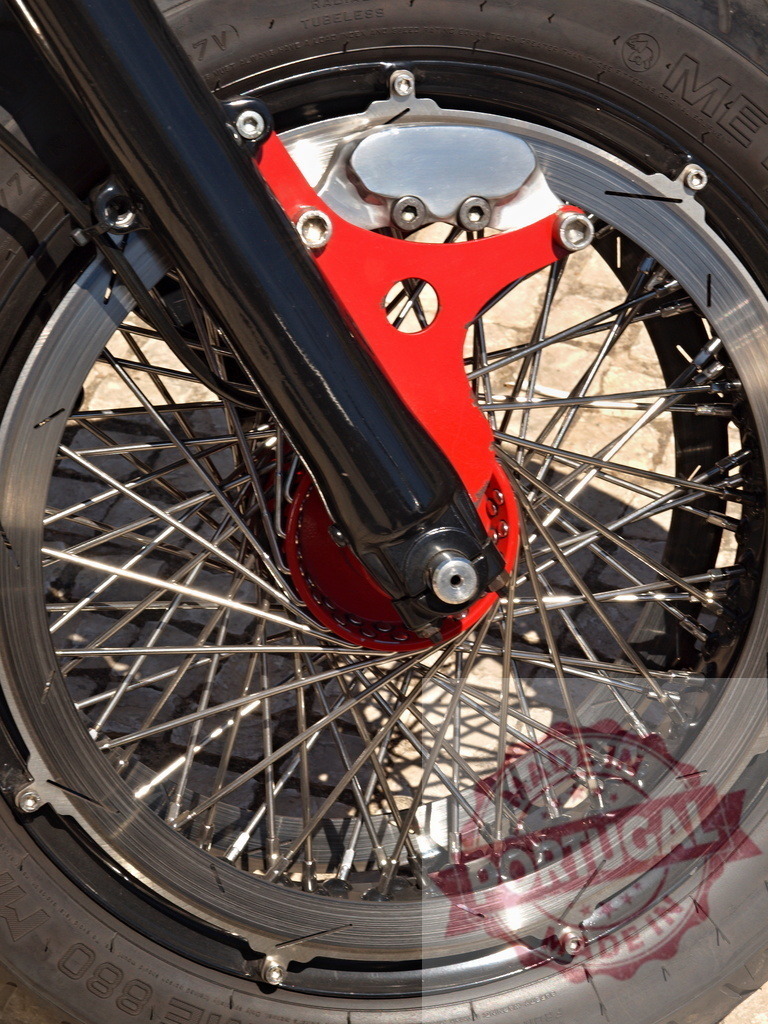 Motorcycle front wheel with custom perimeter brake detail | Motorcycle front wheel featuring a custom perimeter disc brake and spoke design - Realized with Pictrs.com