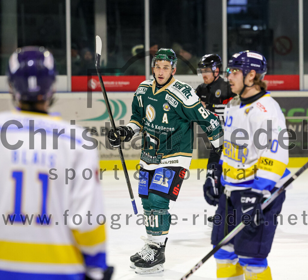 2026-01-09_137_TSV_Erding_gegen_Stuttgart_Rebels | Erding, Deutschland, 09.01.2026:Eishockey, Oberliga Süd 2025 / 2026, 35. Spieltag, TSV Erding gegen Stuttgart Rebels, Endergebnis: Maximilian Forster (Erding Gladiators, #81)Foto: Christian Riedel / fotografie-riedel.net